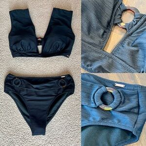 Textured X-Wide Strap Cap Sleeve Bikini w Tortoise Ring Details